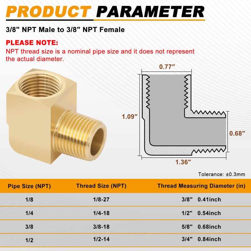 KOOTANS 4pcs 3/8 NPT 90 Degree Barstock Street Elbow Brass Fittings, 3/8" NPT Male to 3/8" NPT Female Thread Elbow Forged Brass Pipe Fitting - Image 2
